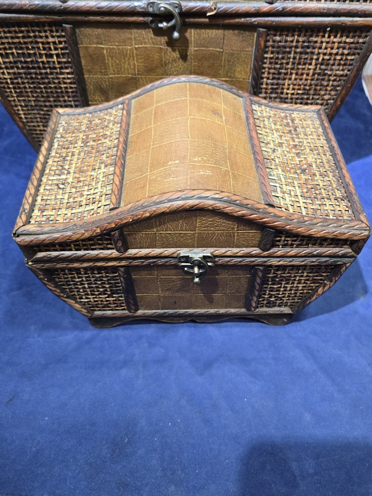 3 Beautiful Wooden Wicker Keepsake Chests, Large, Medium And Small, Stack