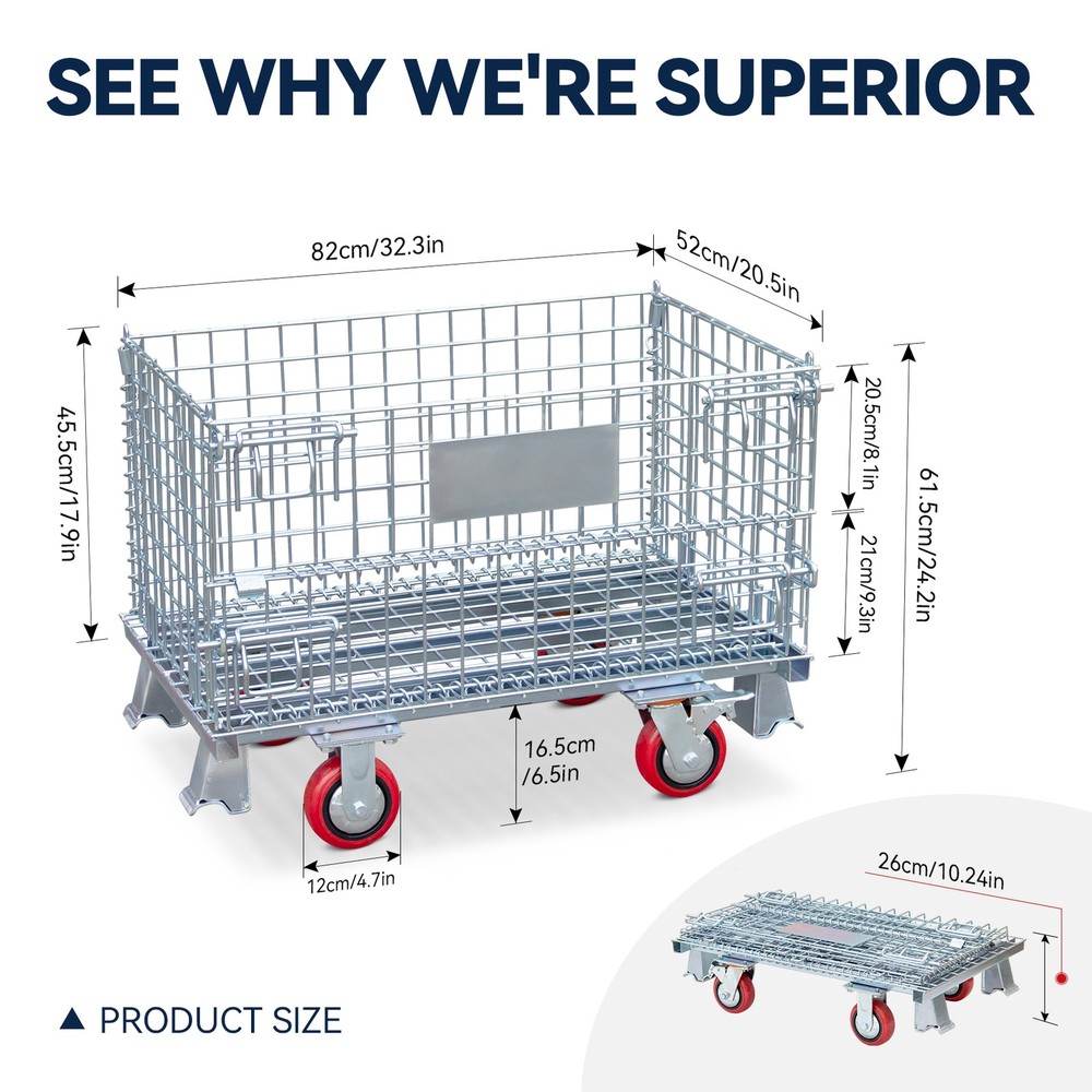 Heavy-Duty Collapsible Wire Mesh Container 1000LBS Load W/ Casters