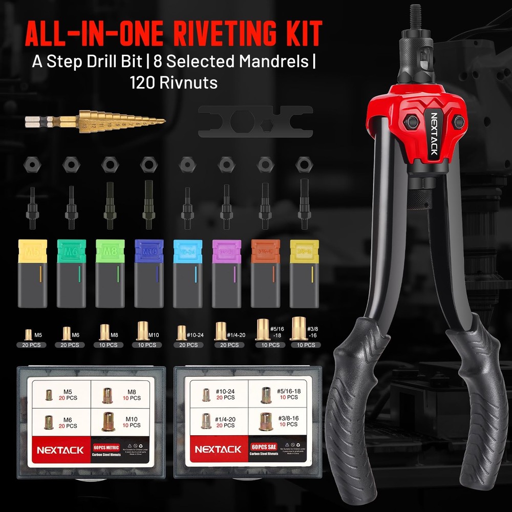 NEXTACK Rivet Nut Tool Kit 13-inch Rivnut Kit/120 Nutserts, Red & Black