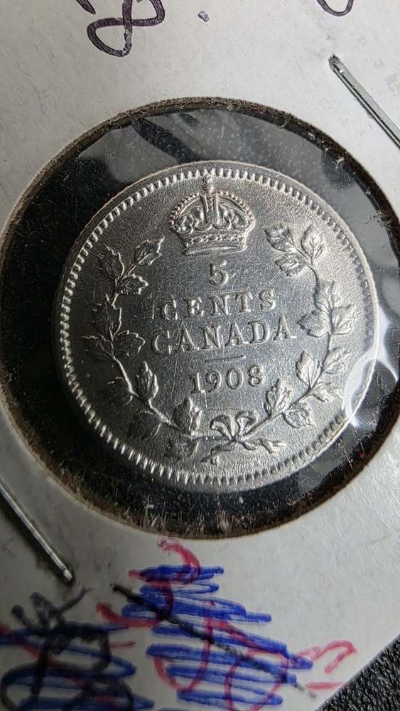 1908 Canadain 5 Cent Piece Large 8 In Au Condition