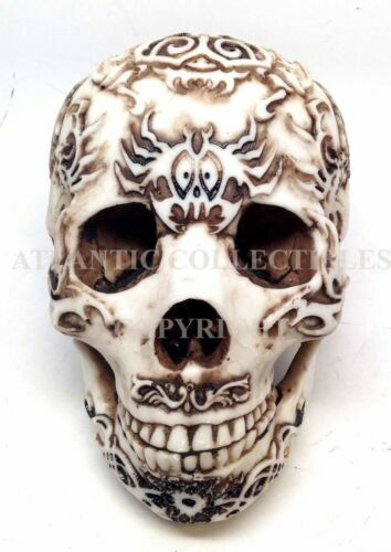 Realistic Looking Resin Skull with Hand Painted Engraved Tattoo Patterns