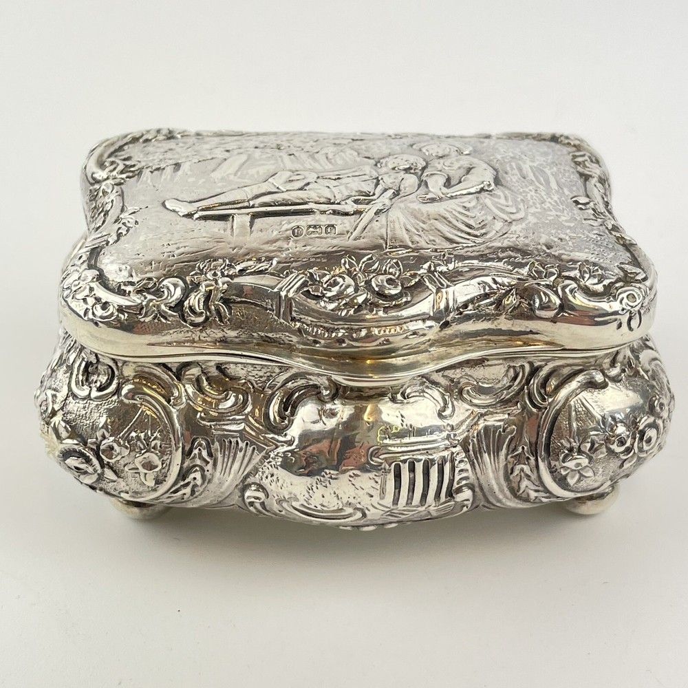 Antique Solid Silver Repousse Type Embossed Scene Trinket Box William Hutton 9cm