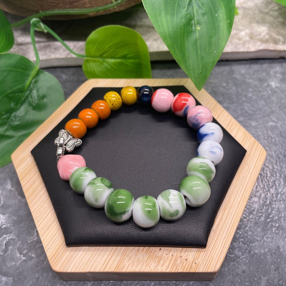 Handmade Ceramic Bead Beaded Stackable 6.5” Plus Stretch Bracelet New B532