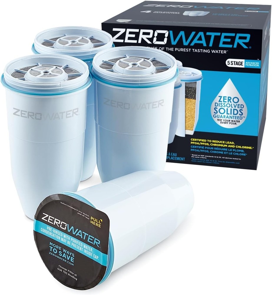 ZeroWater Official 5-Stage 0 TDS Replacement Filter IAPMO Certified, 4-Pack