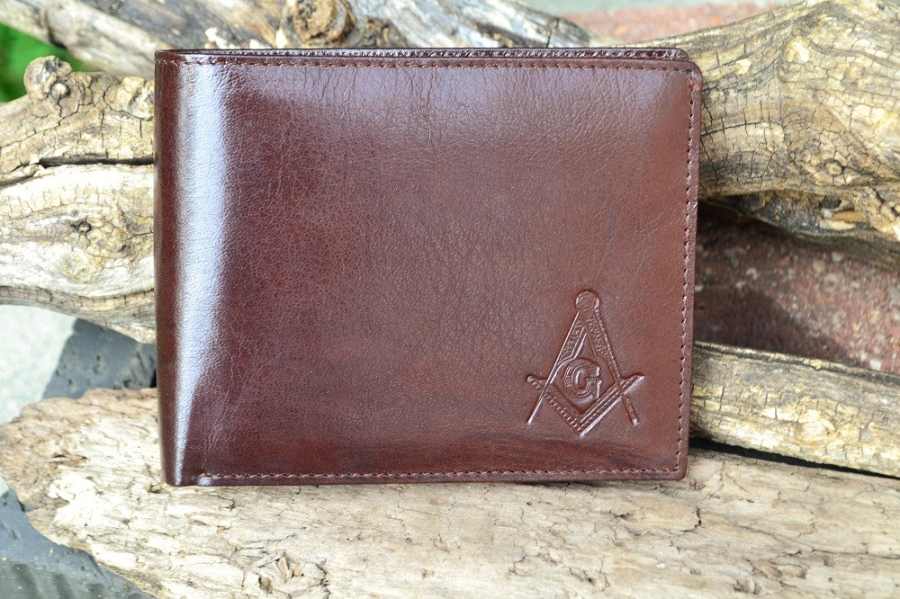 Masonic Brown Leather Bi-Fold Wallet - Mason - Embossed Square and Compasses