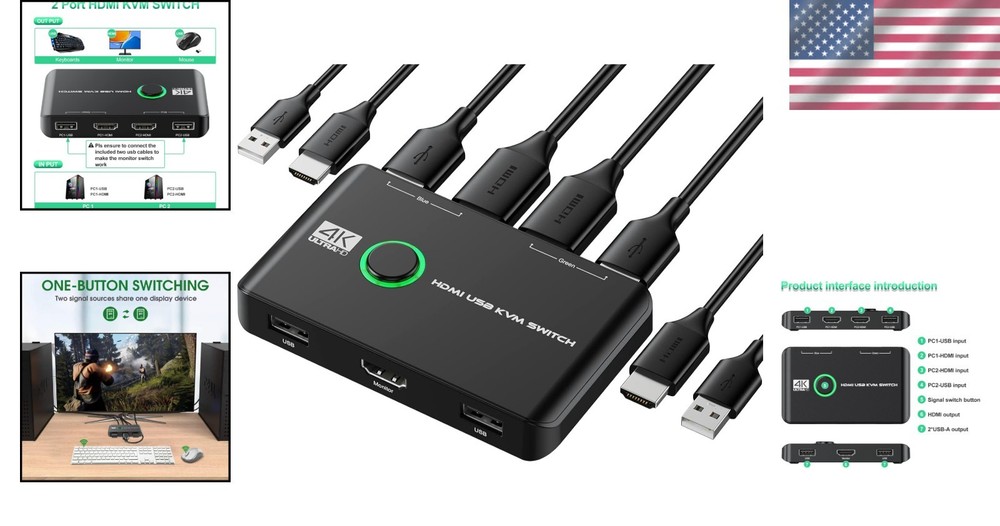 4K KVM Switch HDMI 2 Port Box for Two Computers Share Keyboard Mouse