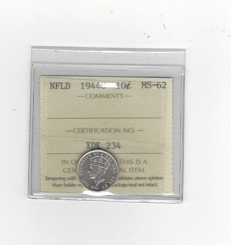 1944c, ICCS Graded, Newfoundland Ten Cent, **MS-62**