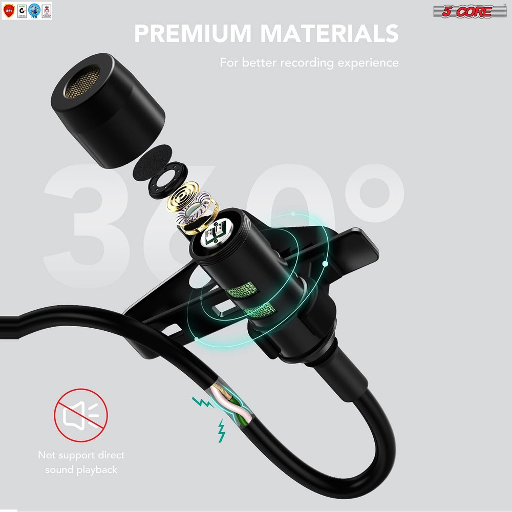 5Core Lavalier Microphone Clip On Mic Professional Grade Lav Lapel Microfono