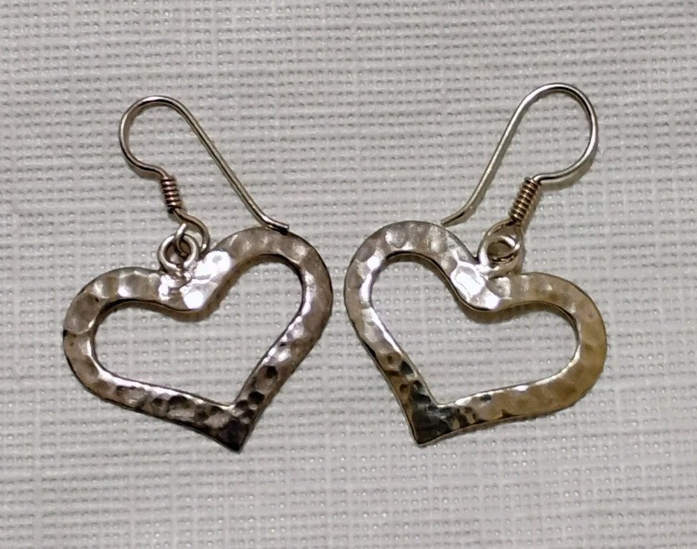 Women's Hammered Open Heart Dangle 925 Silver Earrings