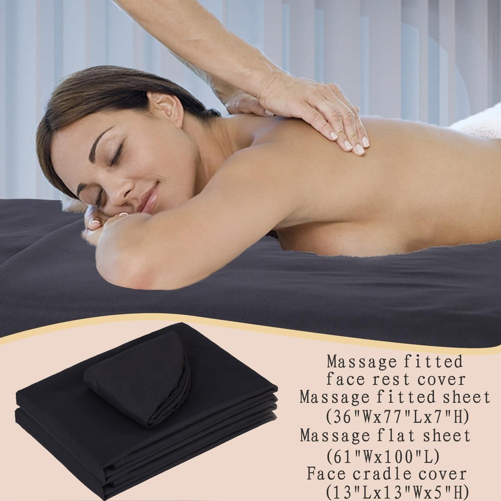 Massage Sheet Set 3 Piece Microfiber Set Fitted Flat Face Rest Cover Black