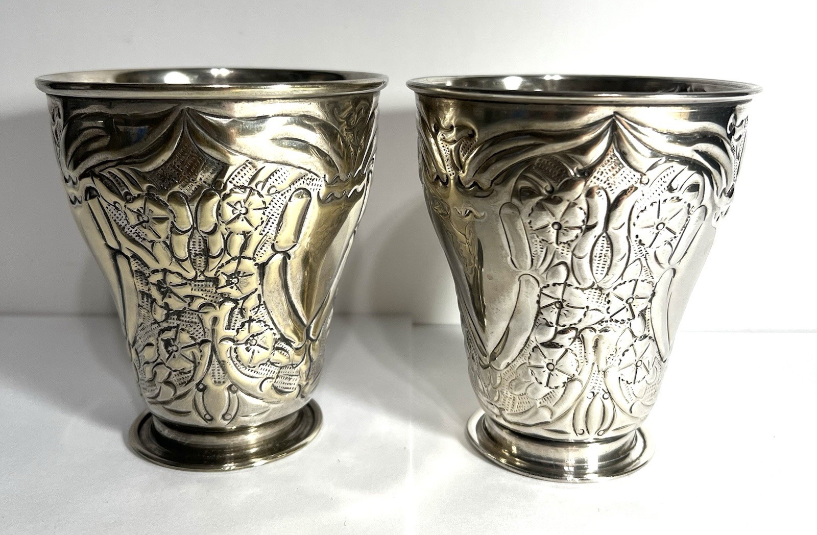 Vintage Silverplate Embossed Goblet Tumblers Vases - TWO’S COMPANY - 4” Tall