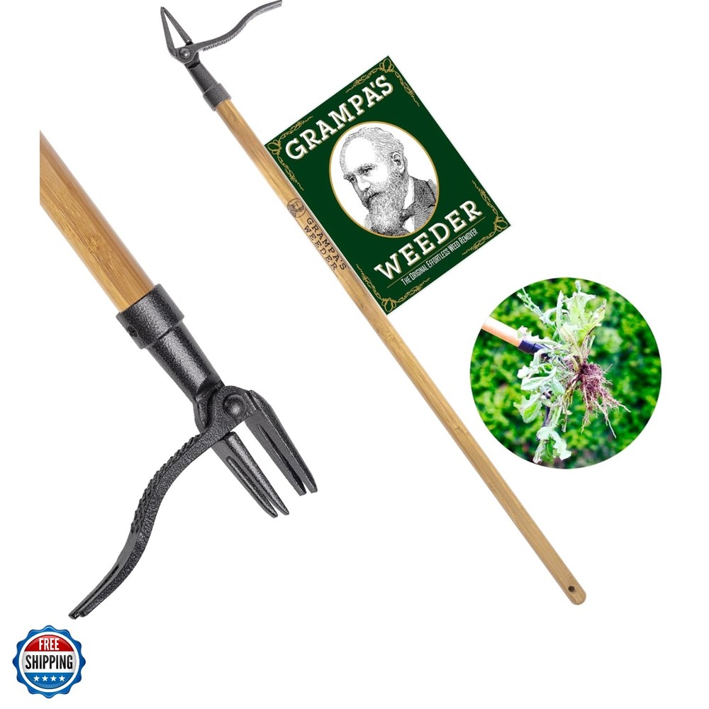 The  Stand Up Weed Puller Tool with Long Handle - Made with Real Bamboo & 4-C...