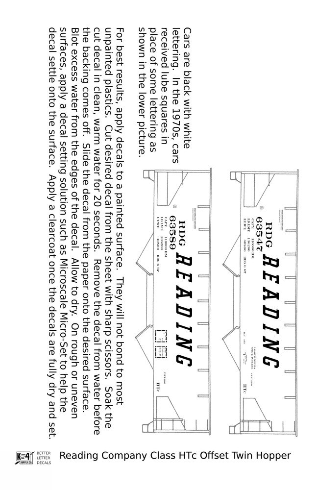 K4 HO Scale Decals Reading Class HTC Offset Twin Hopper White
