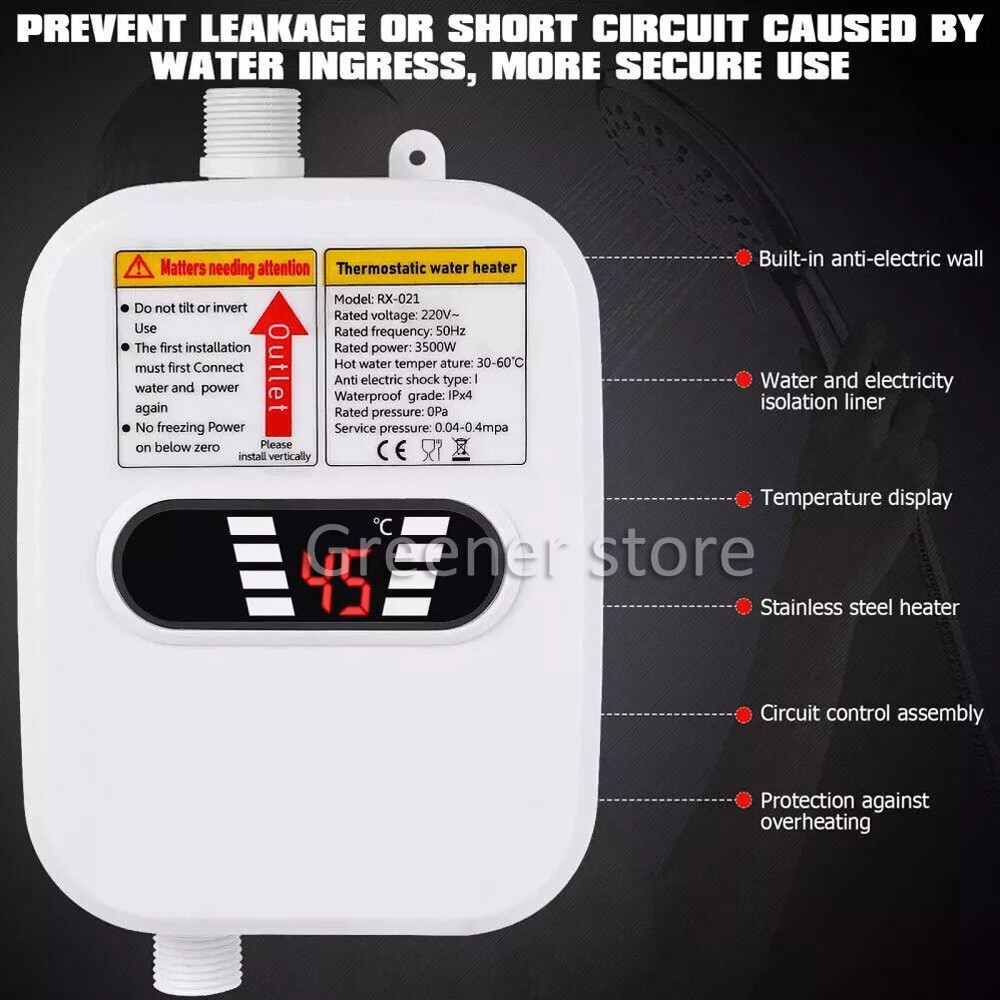 3500W Tankless Electric Instant Water Heater Tap Hot Shower for Bath Kitchen