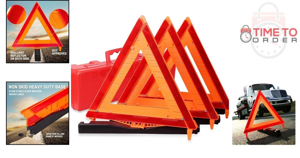 3 Pack Warning Triangle DOT Approved Road Safety Kit Reflective Emergency