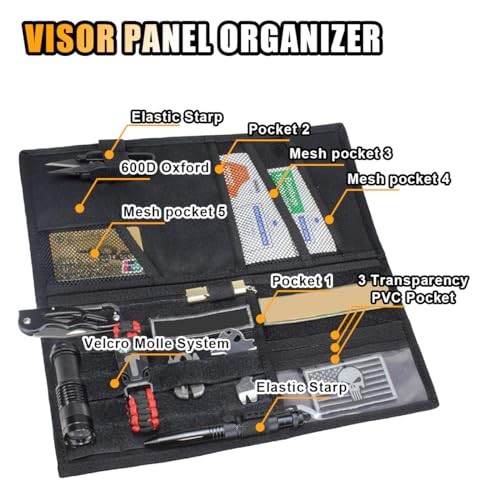 Tactical Molle Car Sun Visor Organizer, Large Molle Visor Panel Storage Black