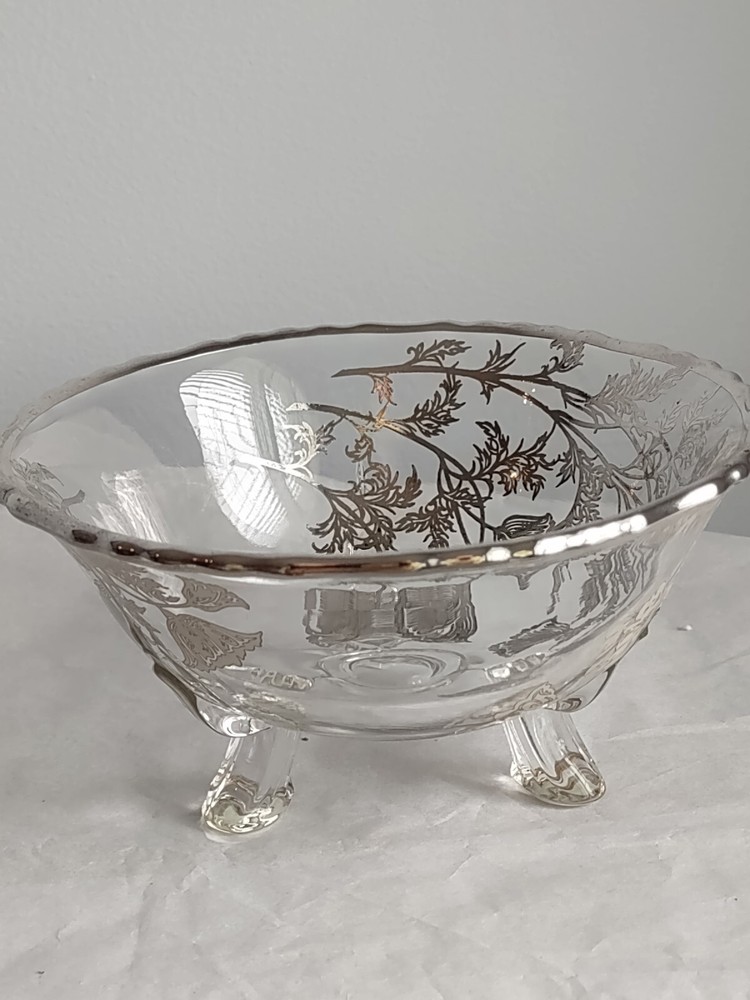 Silver Edged Glass Inlay Three Footed Dish Bowl