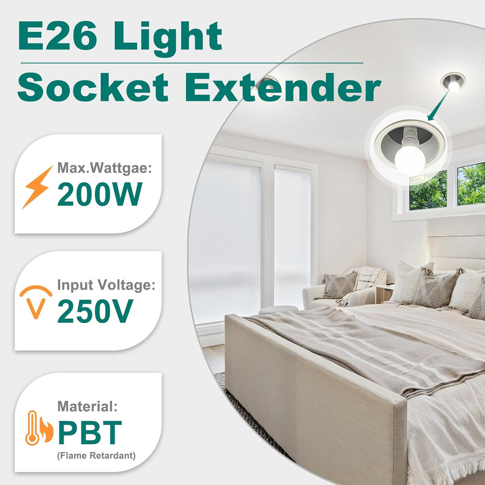 E26 Socket Extender, E26 Standard Medium Base Lamp Bulb Socket Adapter of 5CM/1.