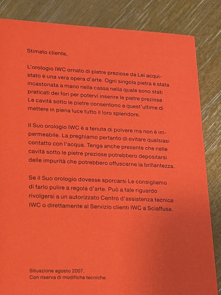 Authentic IWC Important Operating Instructions Note Regarding Dust and Water NOS