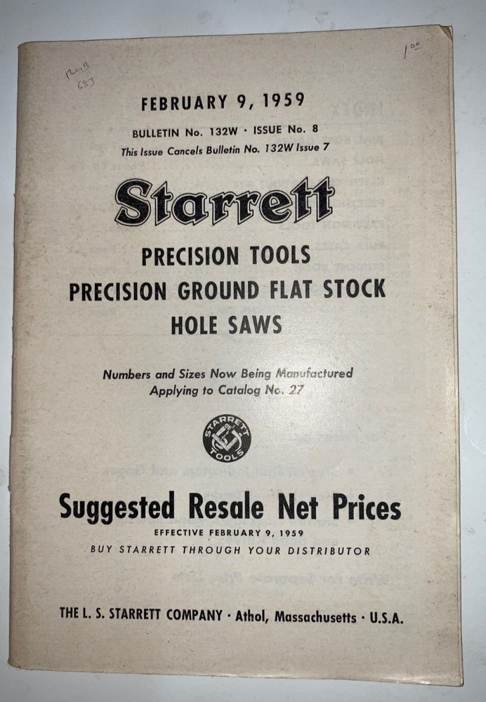 Starrett Precision Tools Price List, 1959