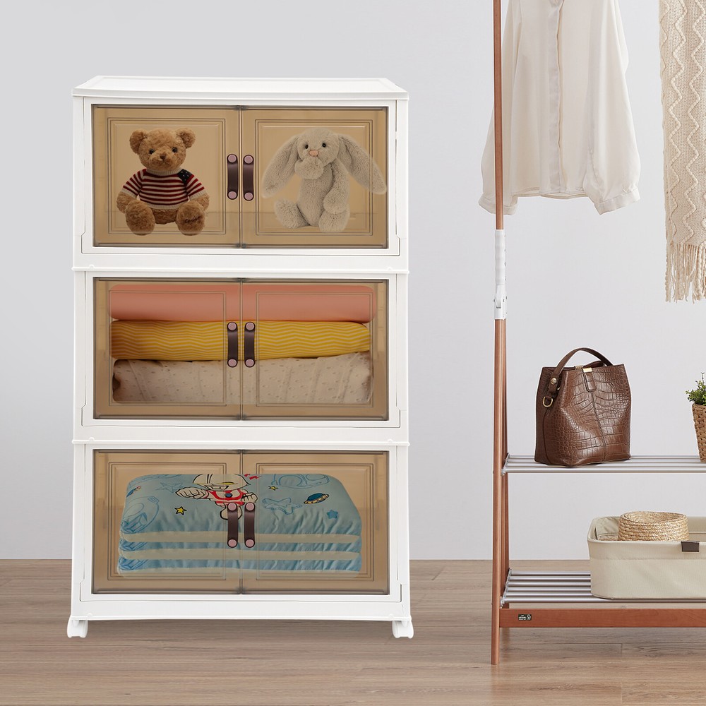 3PCS Foldable Storage Cabinets, Stackable Storage Containers w/ Wheels