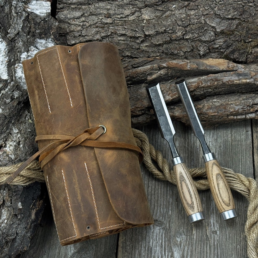 Crazy Horse Leather Chisel Tool Roll 15-Pocket Workshop Organizer