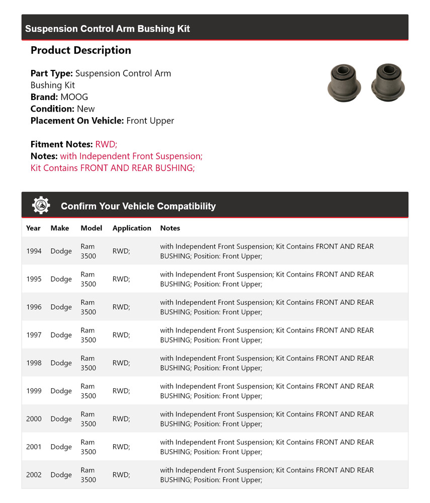 For 1994-2002 Dodge Ram 3500 Suspension Control Arm Bushing Kit Front Upper MOOG