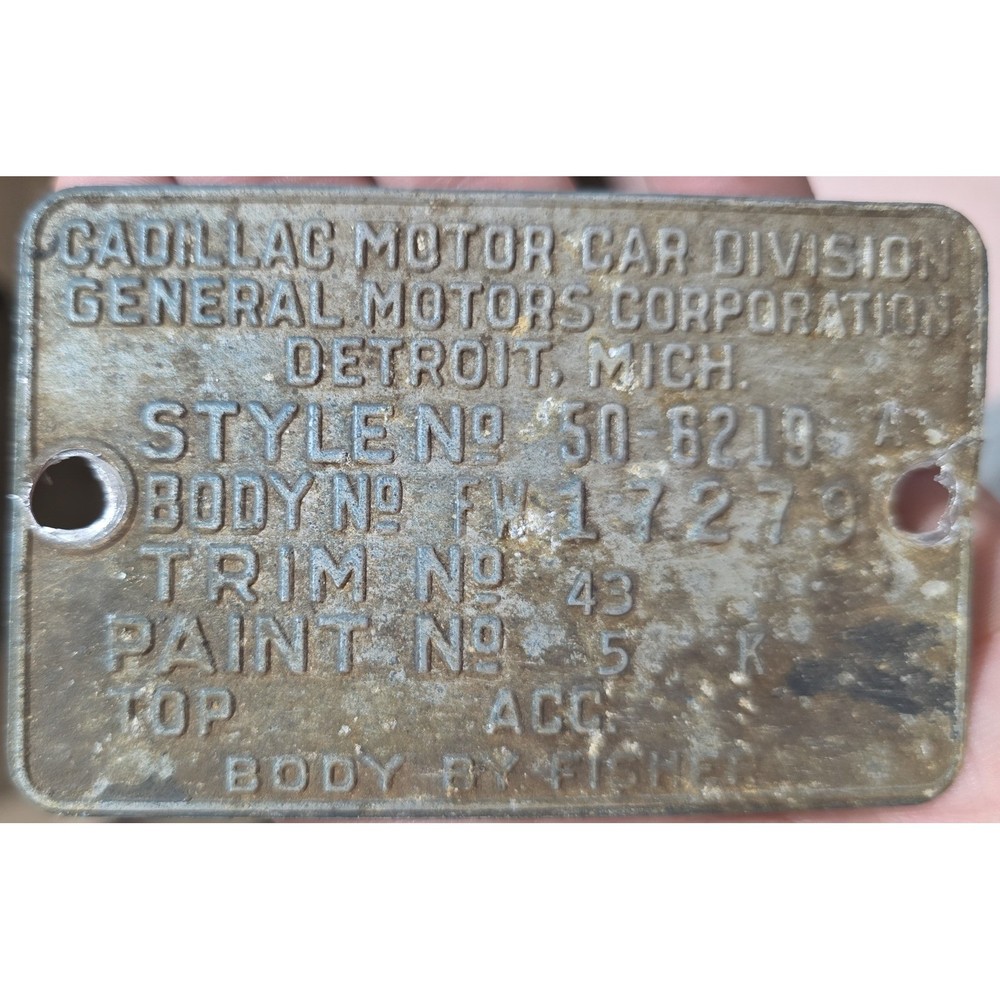 Cadillac 1950 Data Plate Tag