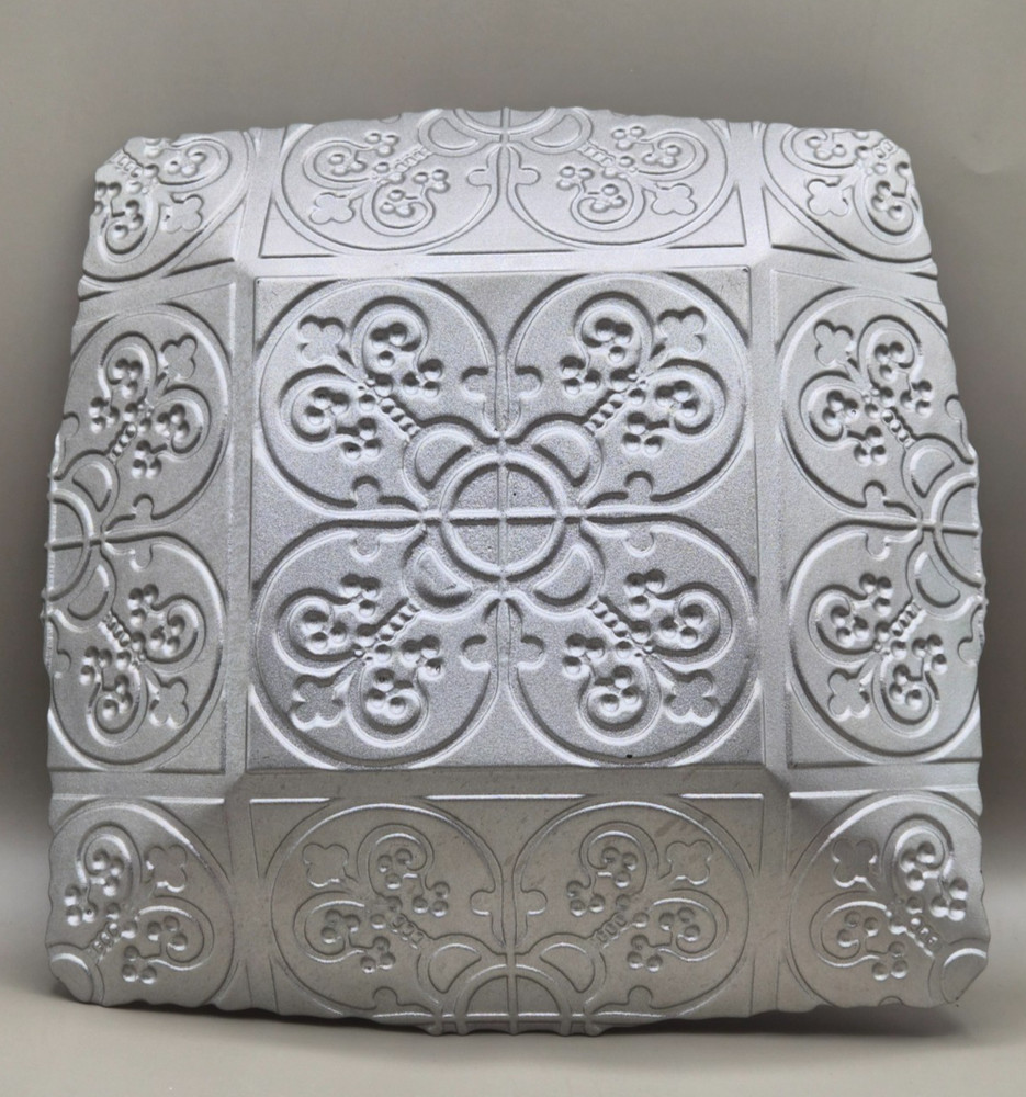 Square Glass Platter Pink & Silver Fleur-de-Lis Damask Scroll Serving Plate