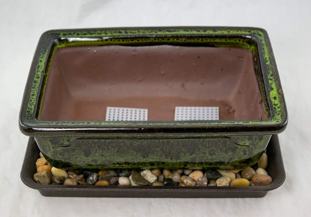 8" Rectangular Moss Green Glazed Bonsai Pot, Cactus & Succulent Planter + Tray +