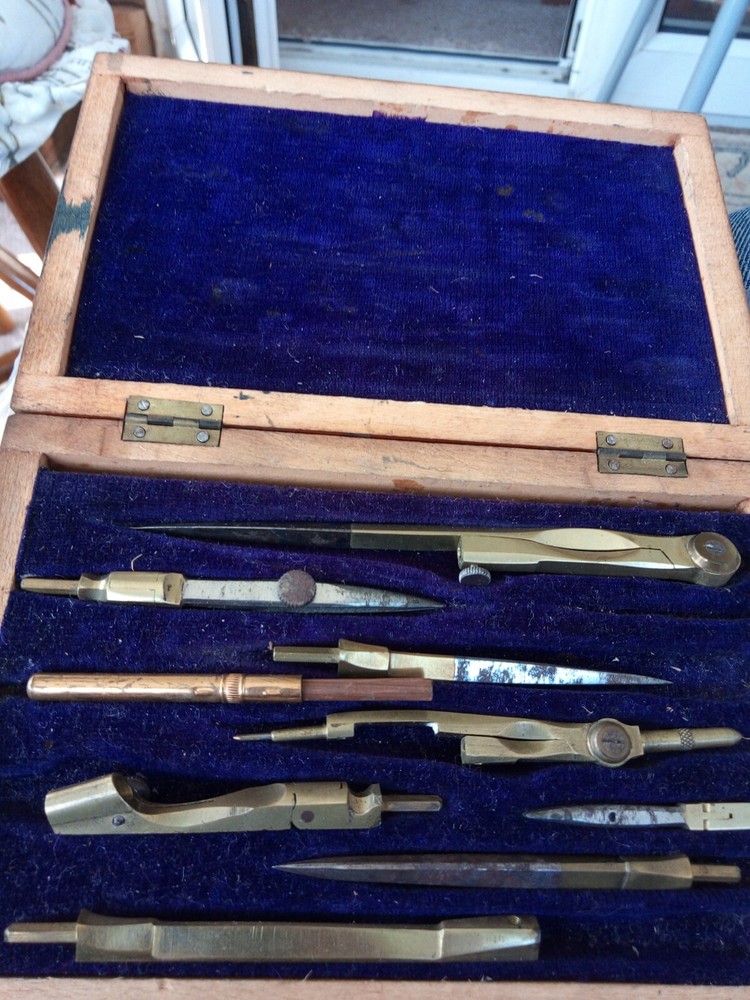Antique Drawing Instrument Set Architect's Technical Drawing Box child size