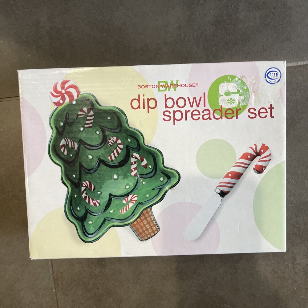 Boston Warehouse Dip Bowl & Spreader Set Candy Canes Christmas Tree