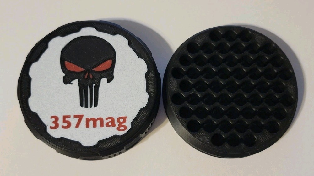3D Printed Round 357 mag Ammo Box screw on 55 rd Punisher Black Marble Stackable