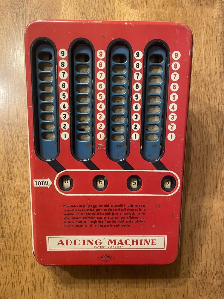 Vintage Metal Tin Wolverine Adding Machine Hand Pull Dial Calculator Excellent