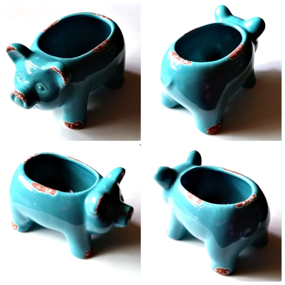Distressed Blue Ceramic Pig Planter