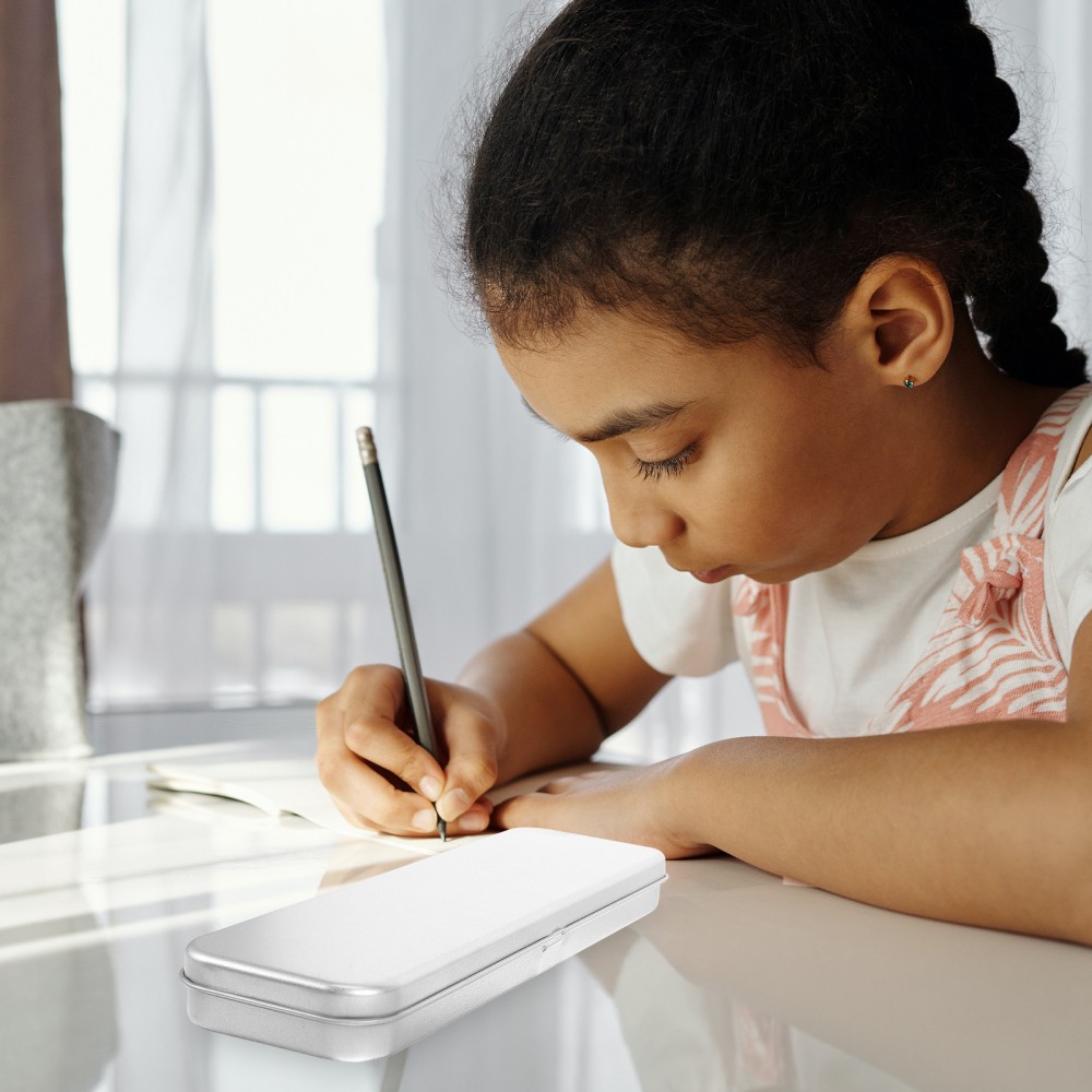 Pencil Case Rectangular Hinged Tin Box Silver Pens Office for Kids