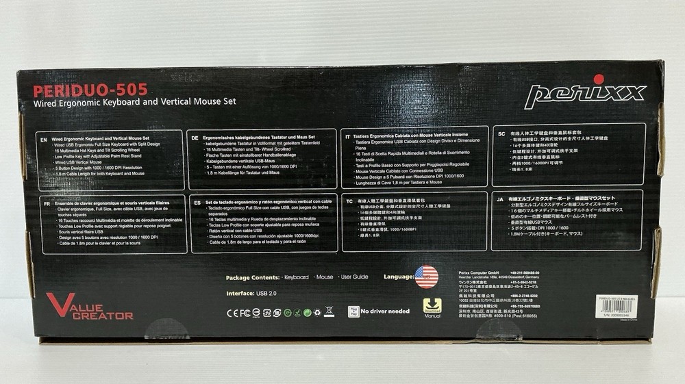 Perixx PERIDUO-505, Ergonomic Keyboard and Mouse. (New-Open BOX)