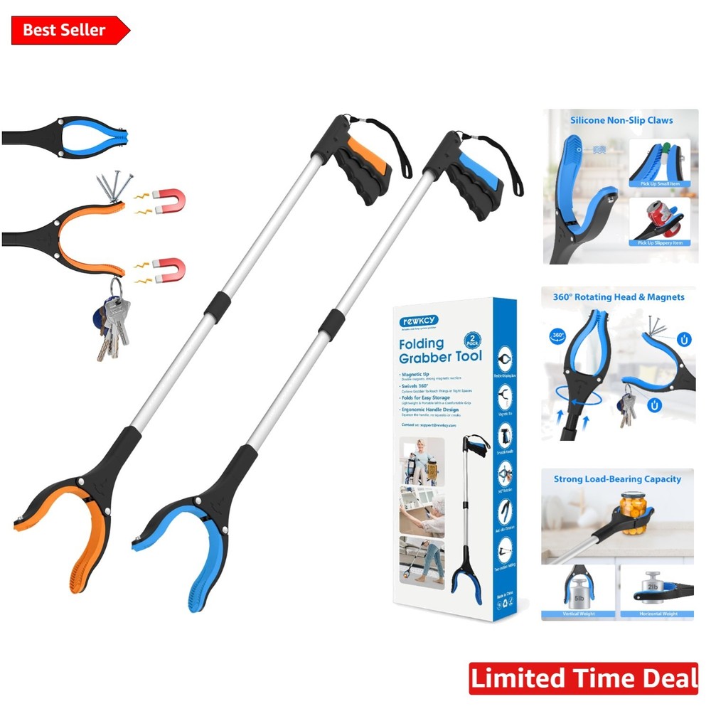 2-Pack 34” Grabber Pickup Tool - Enhanced Grip & Folding Design