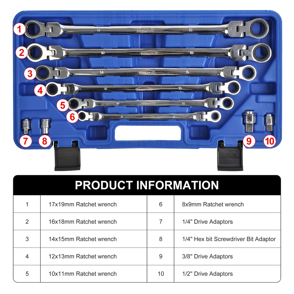 Flex-Head Extra Long Ratcheting Wrenches Double Box End Wrench Set, 4 Adapters
