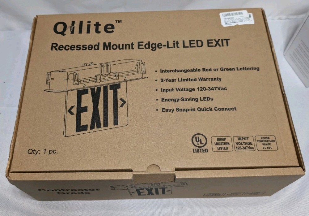 Qlite Recessed Mount Edge-Lit LED Exit Sign.contractor Grade.