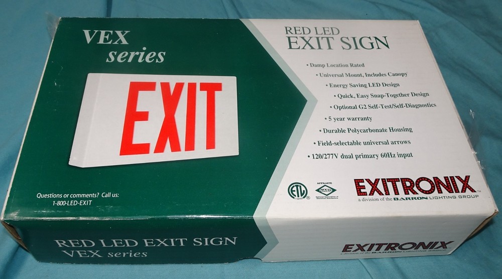 = Exitronix LED Exit Sign White Thermoplastic VEX-U-BP-WB-WH Double Sided RED