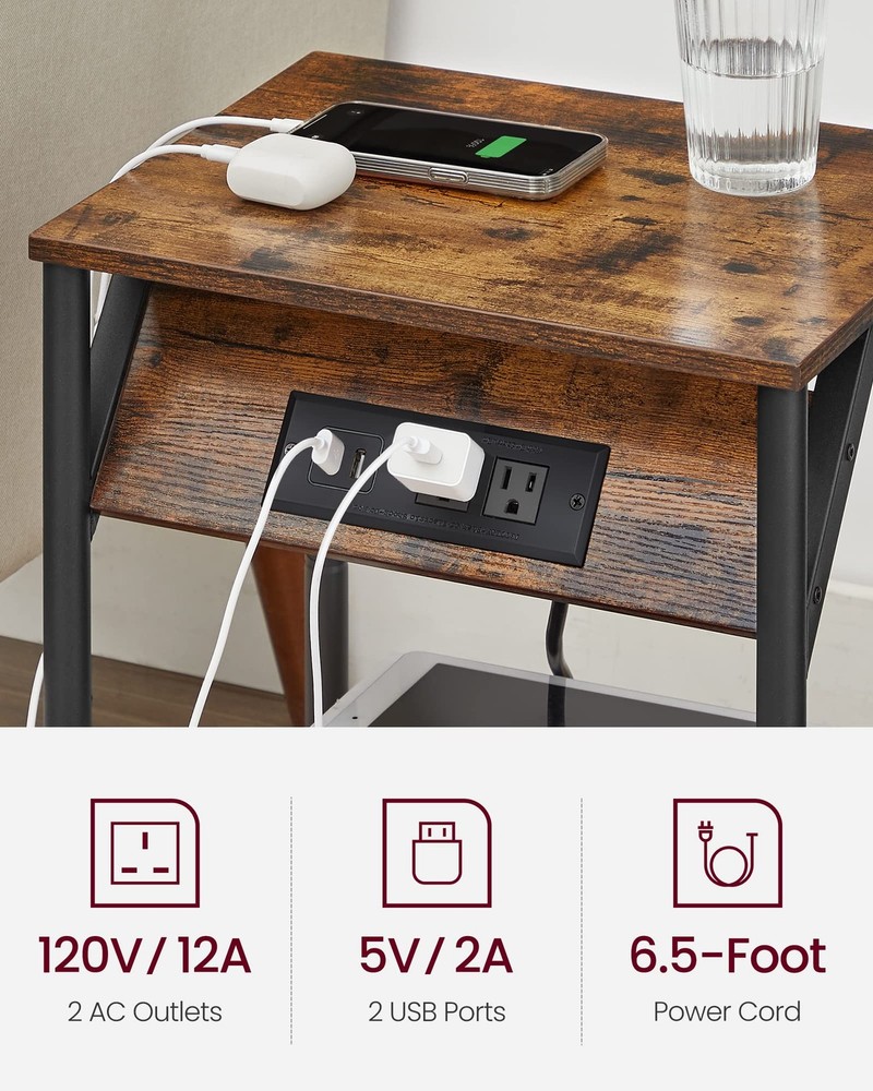 End Table Charging Station Small Side Table Nightstand USB Outlets Brown