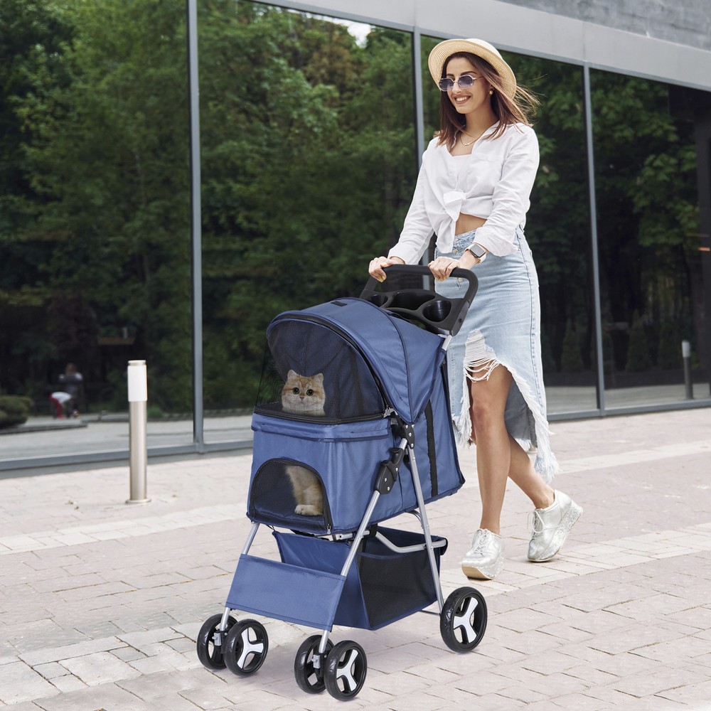 Compact Navy Blue Pet Stroller with Mesh Windows and Quality Upgrades
