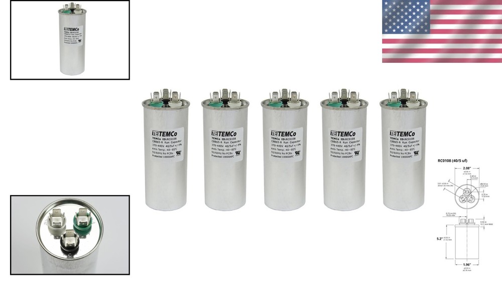 5 Pack Round Dual Run Capacitor TEMCo 40/5 MFD