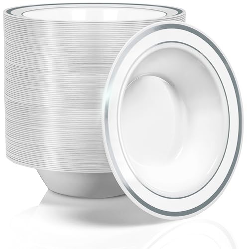 Plastic Party Bowls () 12 Oz Elegant Disposable Dinnerware – 100 Pack Silver