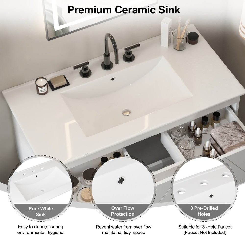 36" 30" 24" Wall Mounted Bathroom Vanity Cabinet with Ceramic Sink Combo White