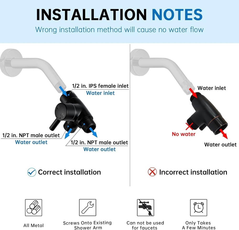 Matte Black Shower Arm Diverter - Solid Metal Construction