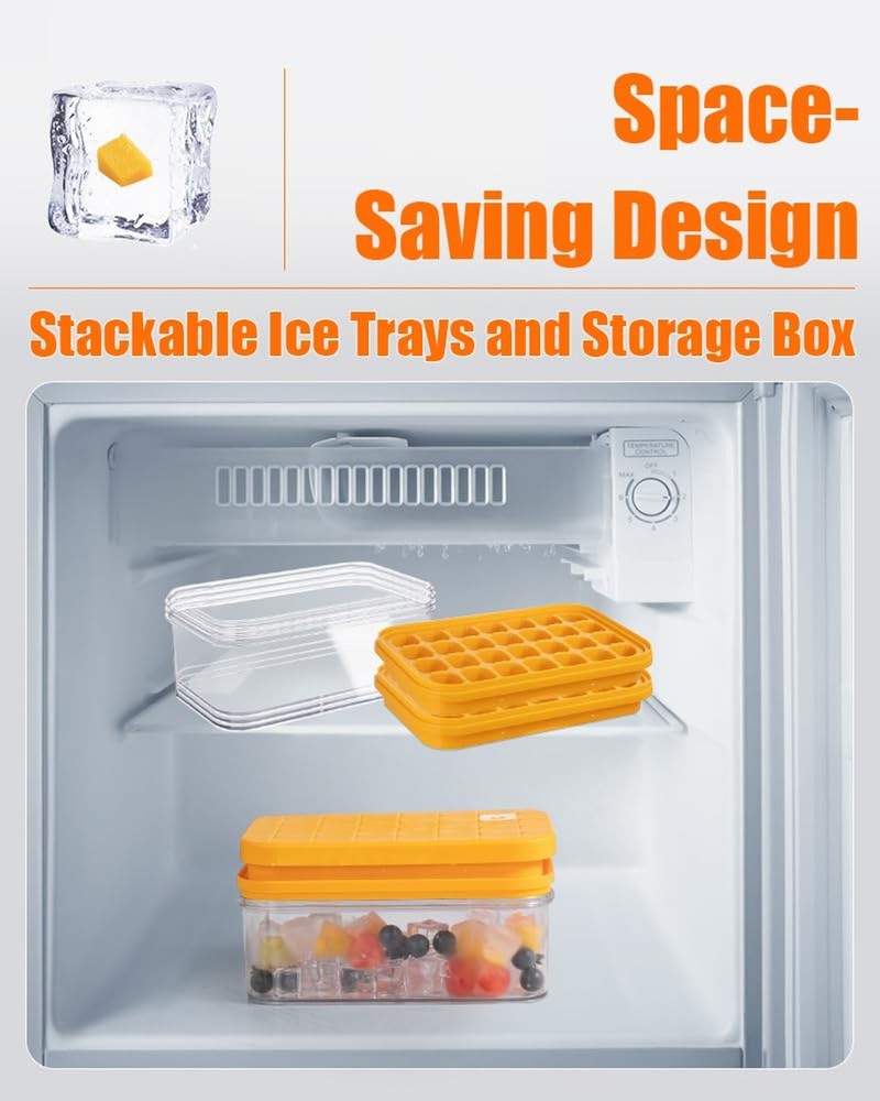 2PC Ice Cube Tray with Lid and Bin Stackable Freezer Ice Molds Easy Release