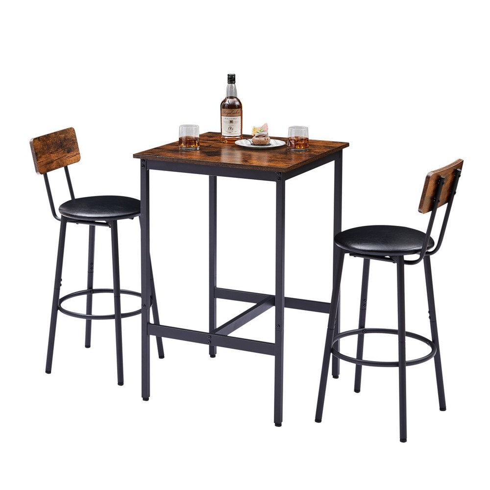 Bar Table Set with 2 Bar stools PU Soft Seat with Backrest Rustic Brown