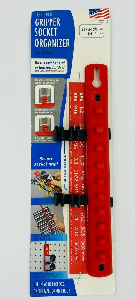 Ernst 8010 1/4" Dr. Fixed Peg "Gripper" 10 Socket Organizer RED